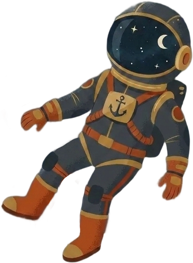 The Deckhand, the Orbit & Anchor mascot, floating in a spacesuit